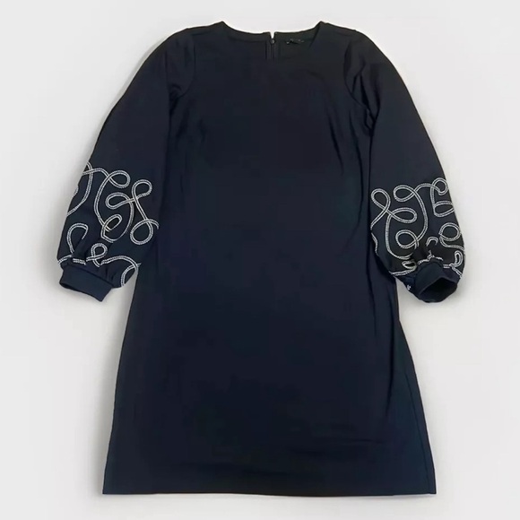 Ann Taylor Navy dress with adorable puff sleeves with white embroidered designs - Picture 1 of 11